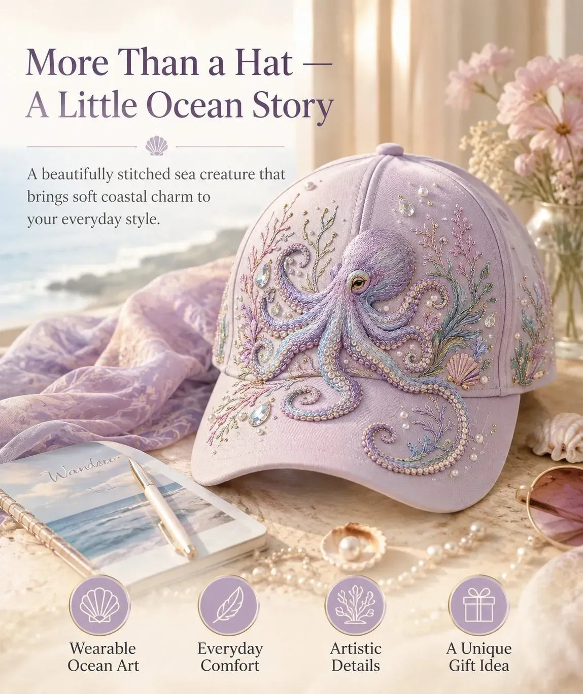 🌊 3D Ocean Creatures Embroidery Cap | Pearl & Crystal Adjustable Hat for Beach, Travel & Everyday Wear
