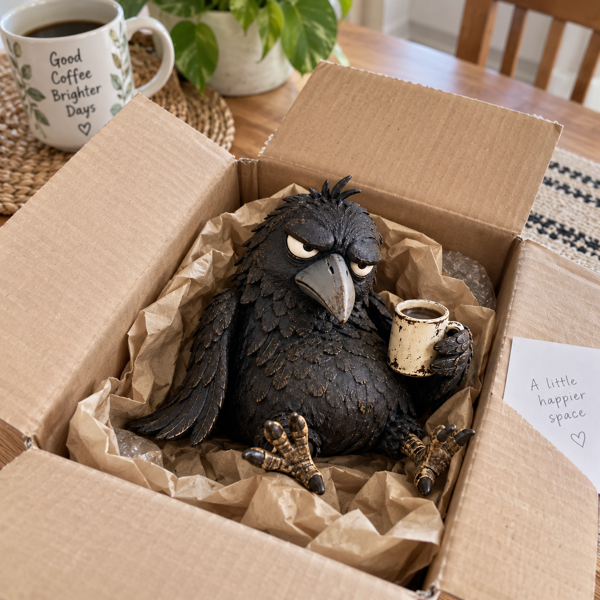 🔥Rustic Vintage Raven Figurine with Coffee Mug – Grumpy Crow Farmhouse Tabletop Decor
