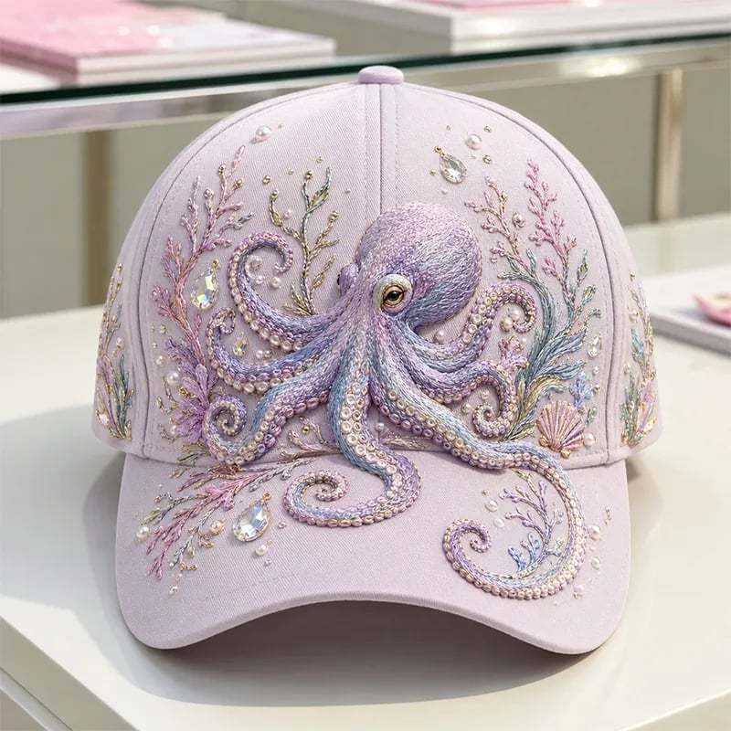 🌊 3D Ocean Creatures Embroidery Cap | Pearl & Crystal Adjustable Hat for Beach, Travel & Everyday Wear