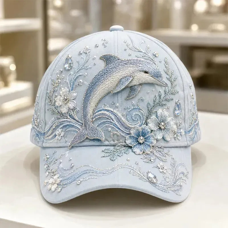 🌊 3D Ocean Creatures Embroidery Cap | Pearl & Crystal Adjustable Hat for Beach, Travel & Everyday Wear
