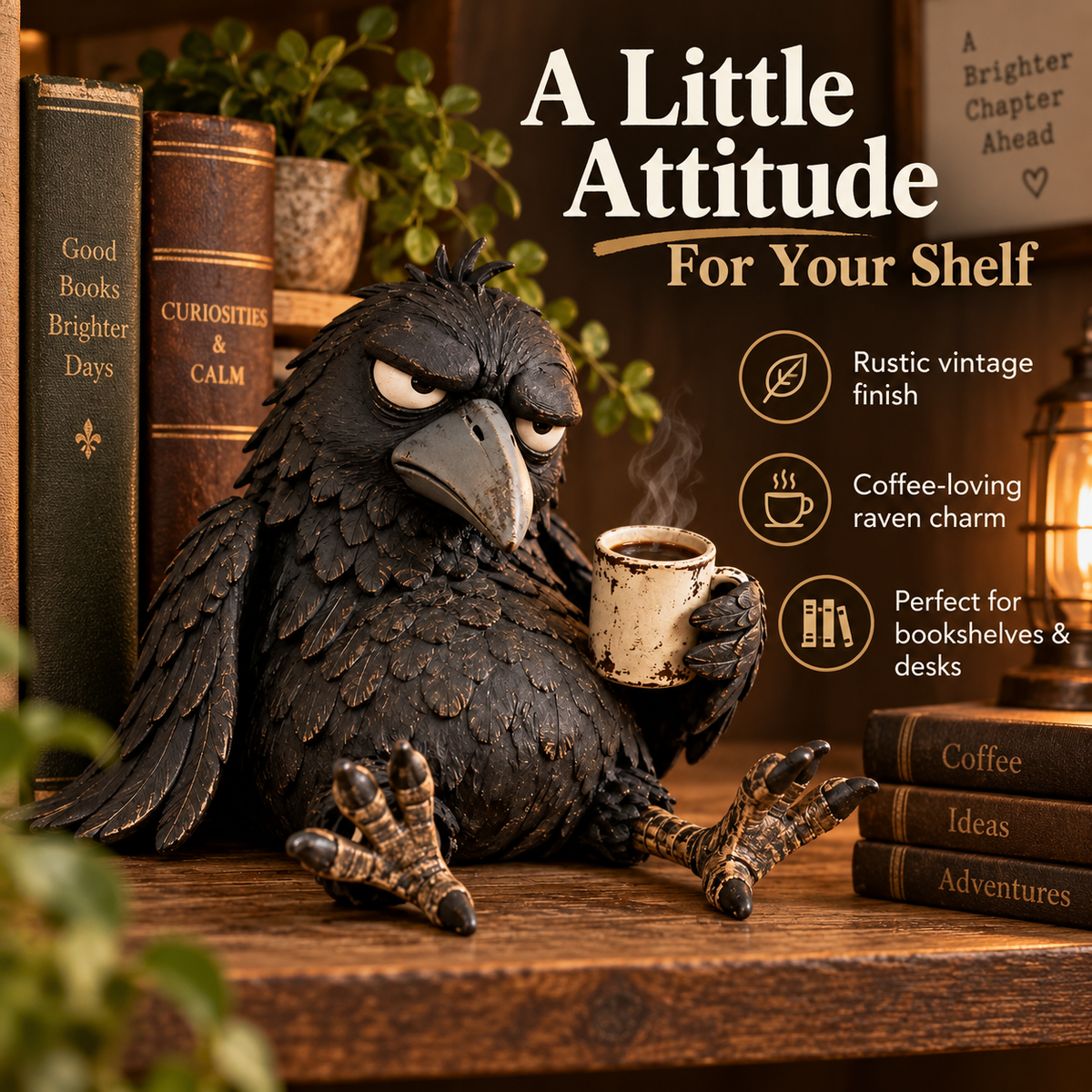 🔥Rustic Vintage Raven Figurine with Coffee Mug – Grumpy Crow Farmhouse Tabletop Decor