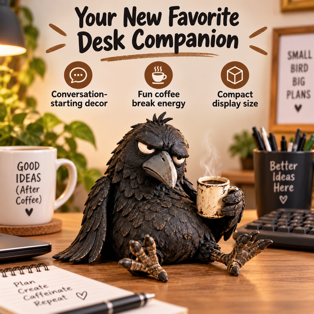 🔥Rustic Vintage Raven Figurine with Coffee Mug – Grumpy Crow Farmhouse Tabletop Decor